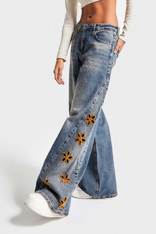 Wide Leg Floral Embroidered Denim Jeans
