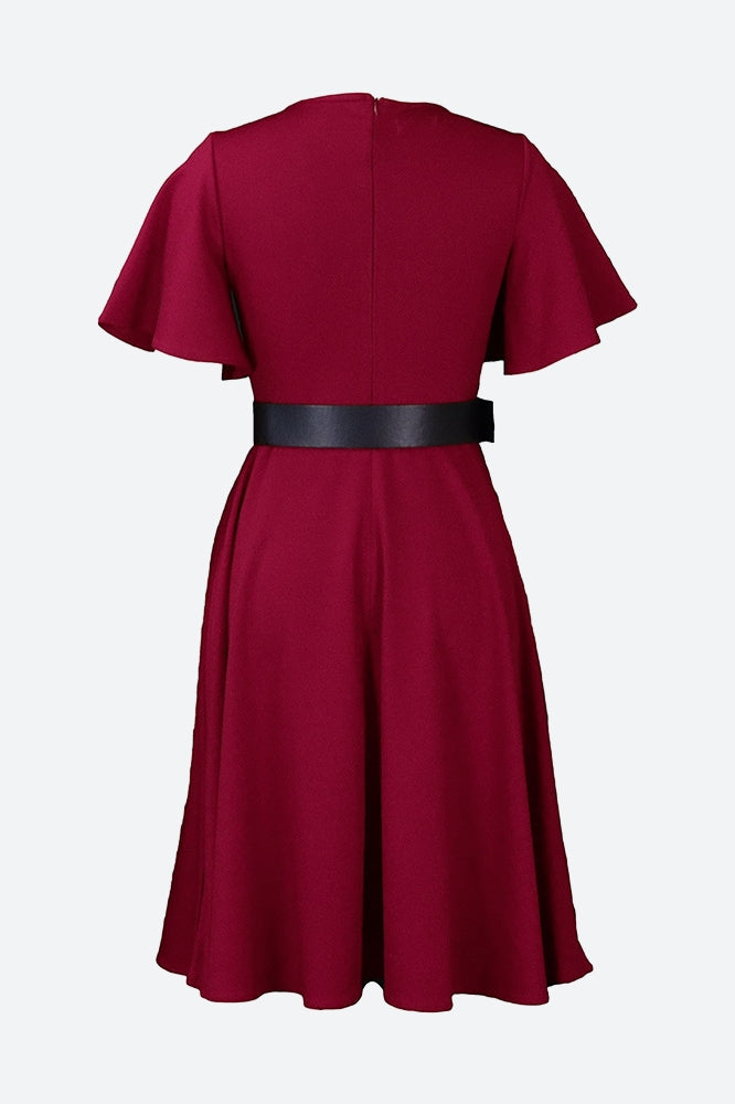 Bell Sleeve Solid Color Belt Dress