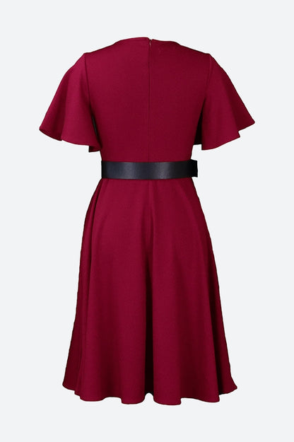 Bell Sleeve Solid Color Belt Dress