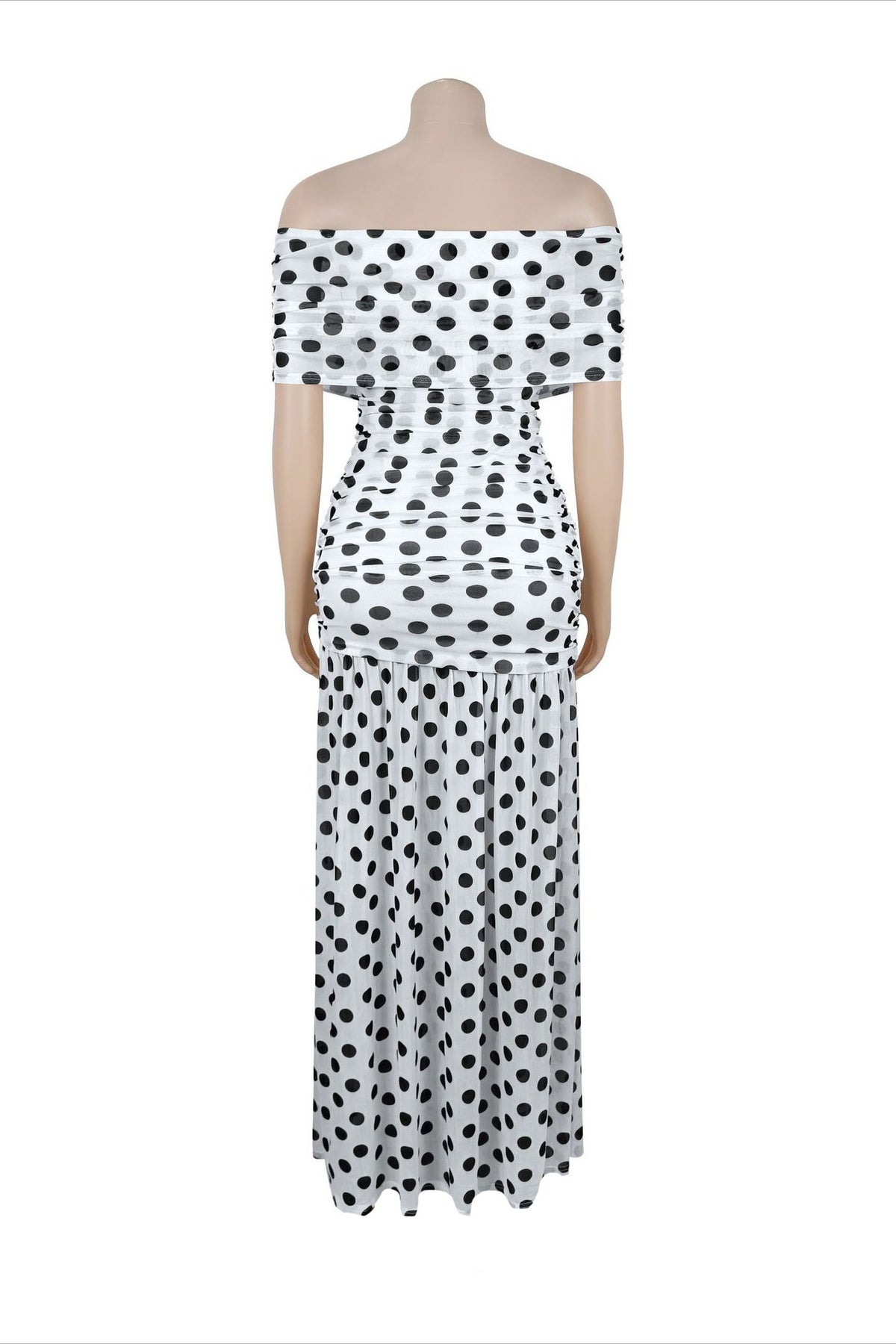 Off-Shoulder Polka Dot Ruched Maxi Dress