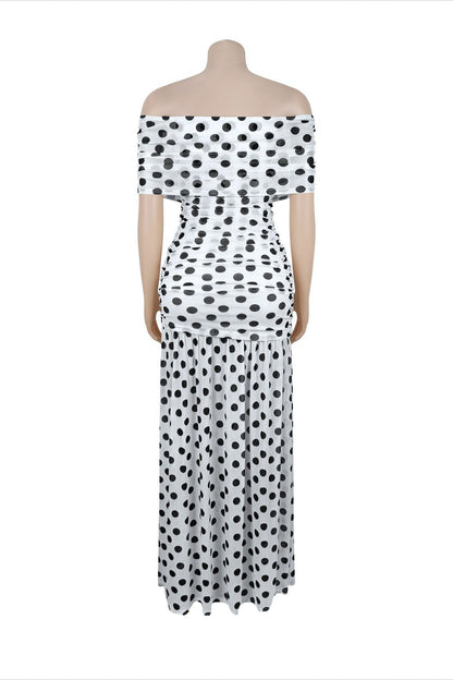 Off-Shoulder Polka Dot Ruched Maxi Dress