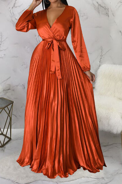 Faux Silk Pleated Tie-Waist Maxi Dress