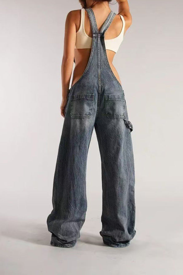 Vintage Wash Wide Leg Denim Overalls