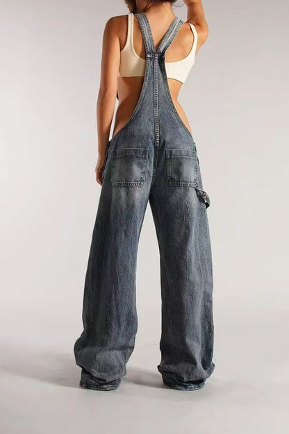 Vintage Wash Wide Leg Denim Overalls