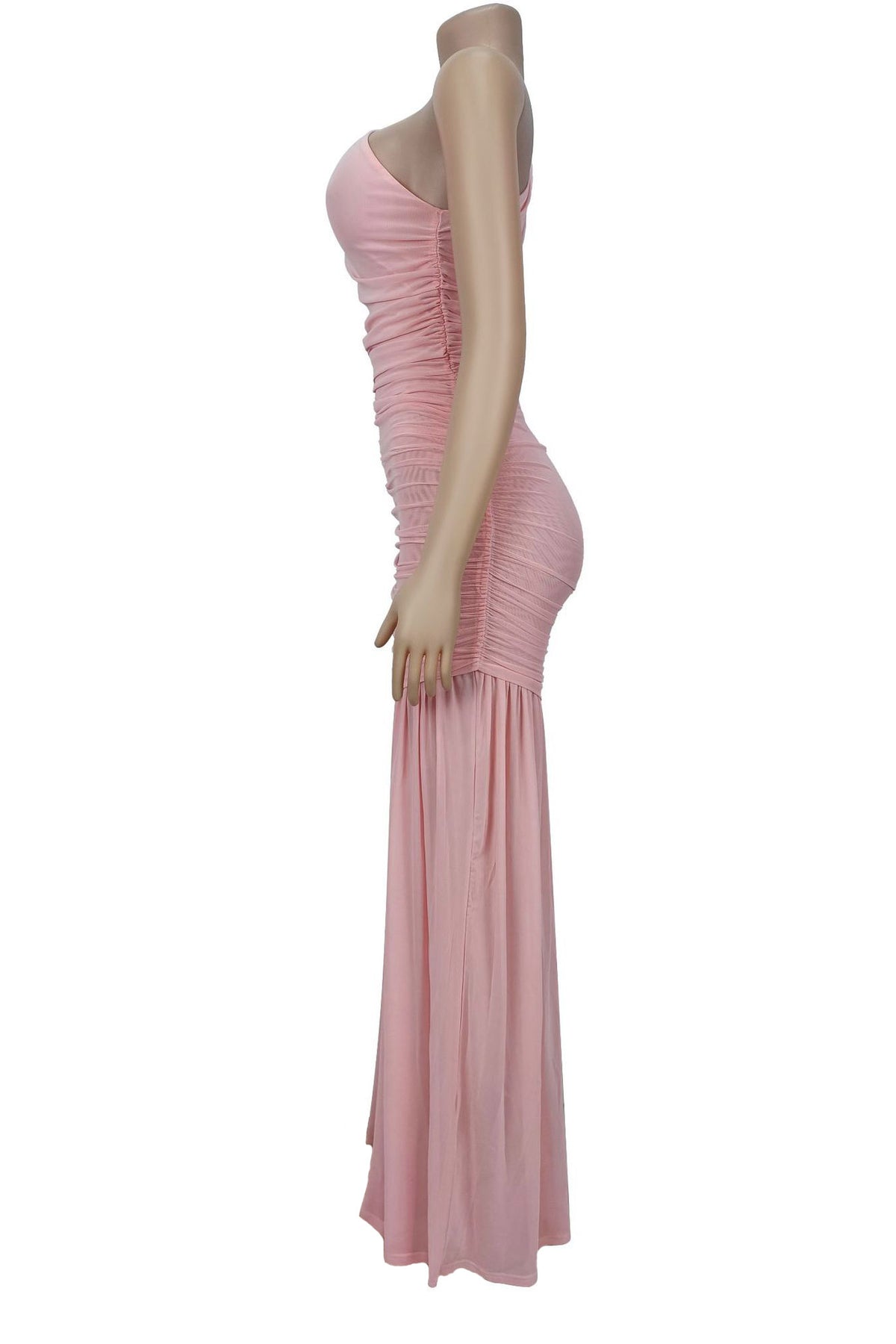 One-Shoulder Ruched Mesh Maxi Dress