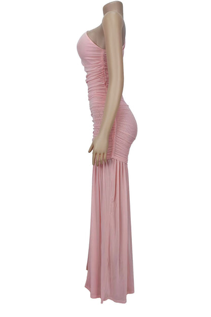 One-Shoulder Ruched Mesh Maxi Dress