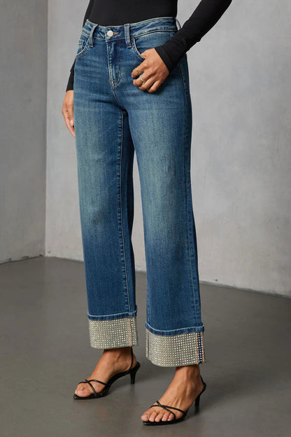 Washed Rhinestone Straight Leg Jeans