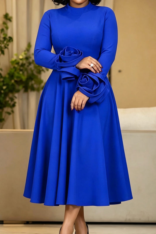 3D Rosette Cuff Flared Midi Dress