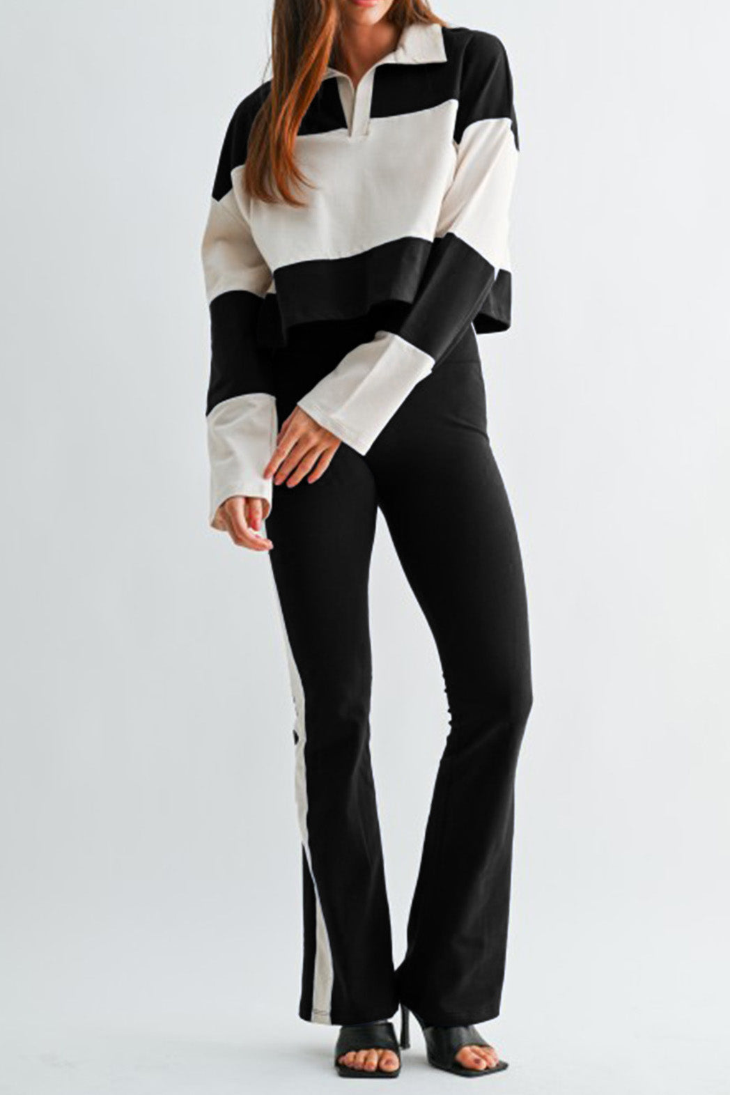 Colorblock Polo Top & Flare Pants Set