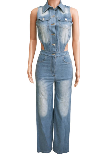 Sleeveless Cut Out Wide Leg Slit  Denim Jumpsuit