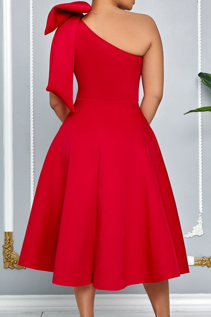 Single Shoulder Bow Detail Flare Midi Dress