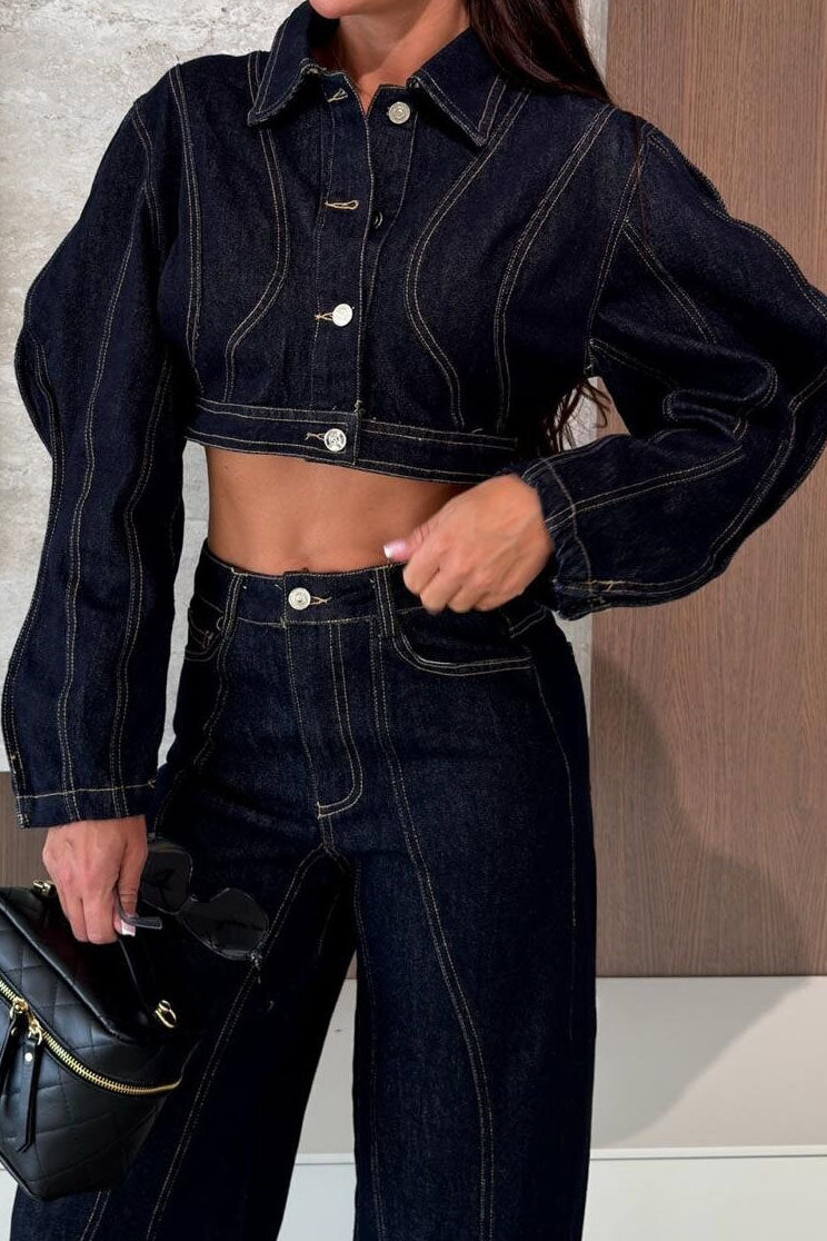 Contrast-Stitch Cropped Denim Jacket