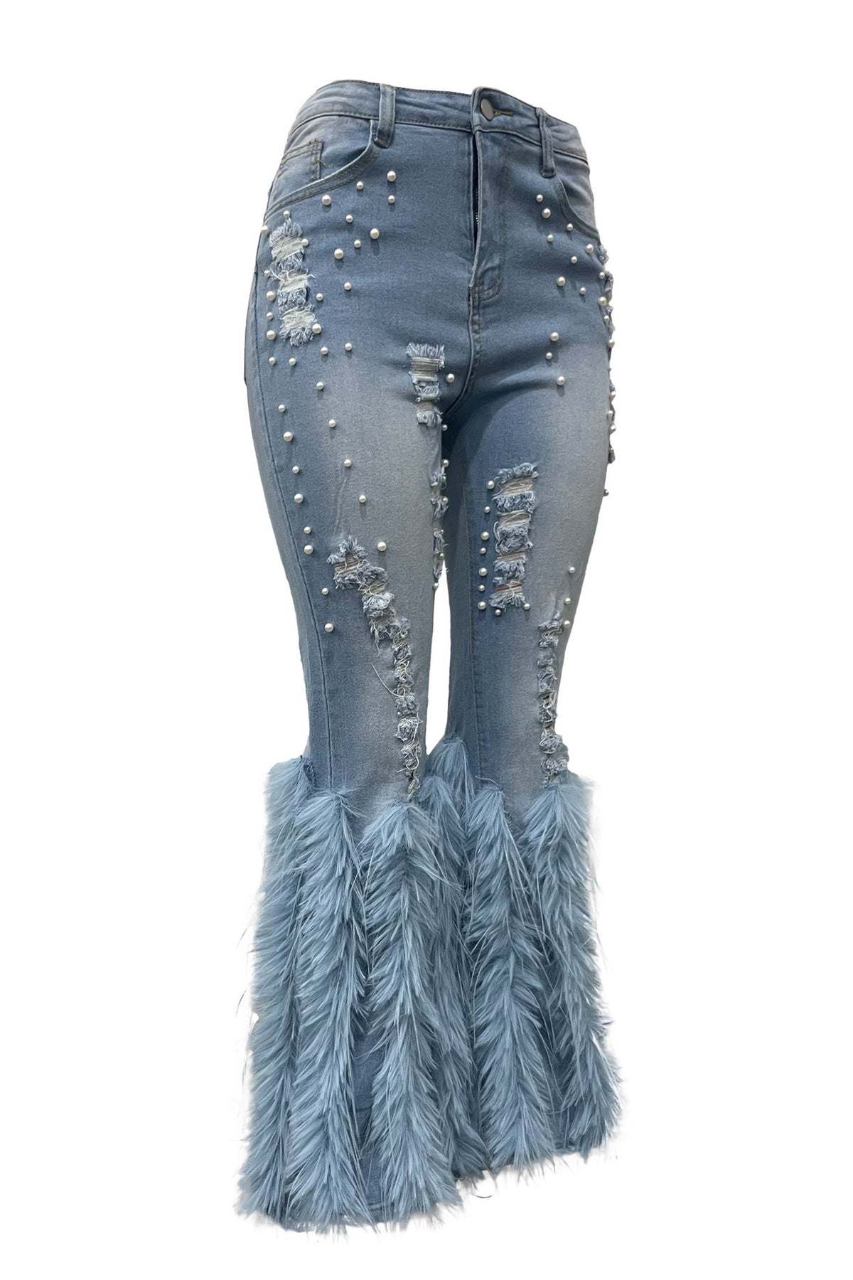 Feather Detail Ripped Denim Jeans