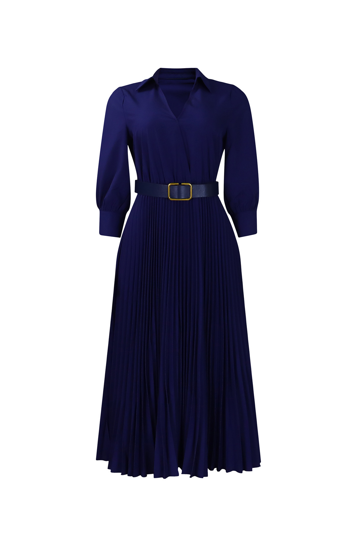 Plus Size Long Sleeve V-Neck Pleated Maxi Dresses