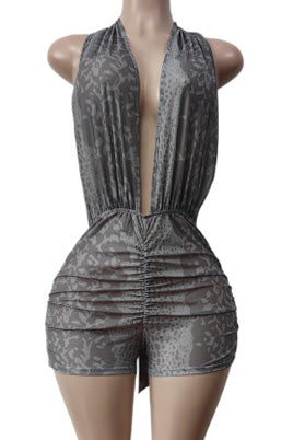 Snake Print Plunge Ruched Romper