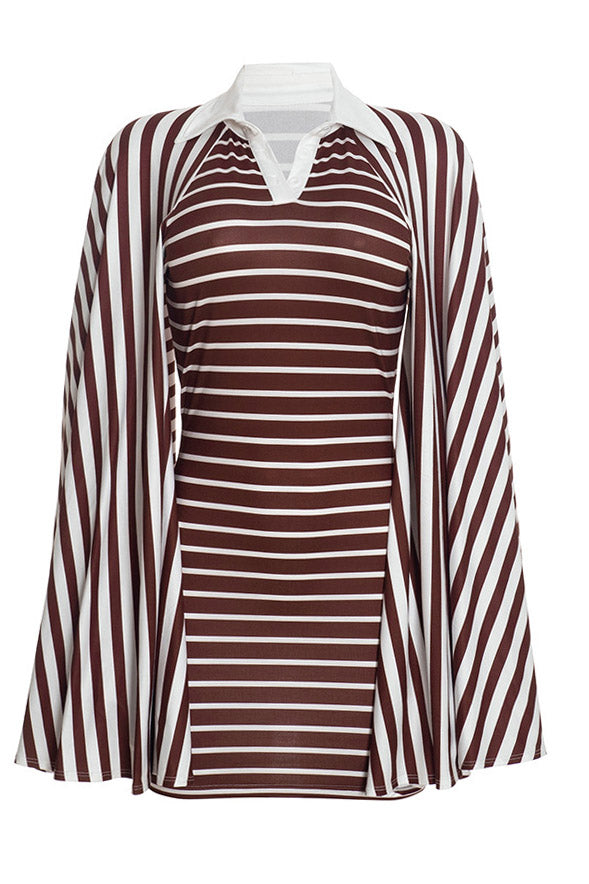 Striped Polo Mini Dress with Bell Sleeves
