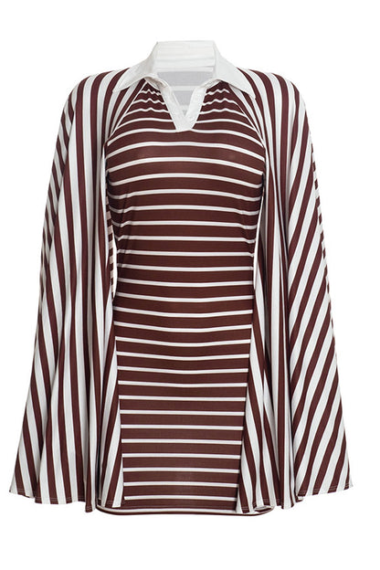 Striped Polo Mini Dress with Bell Sleeves