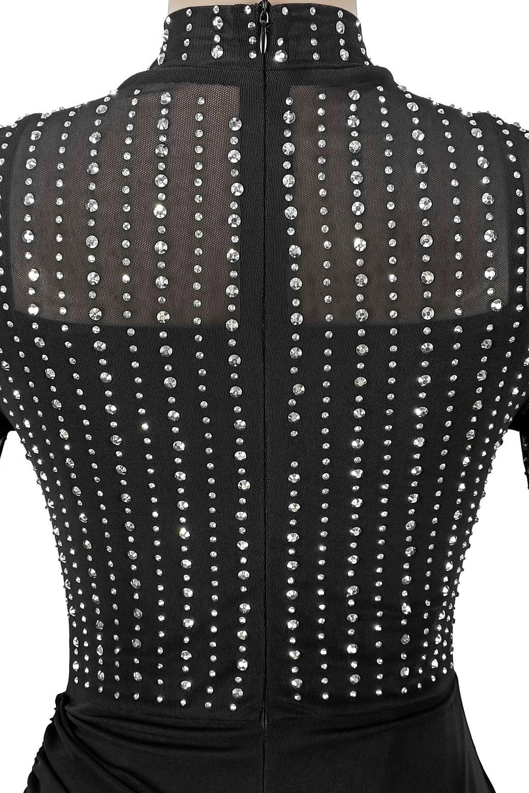 Beaded High-Neck Ruched Mesh Maxi Dress