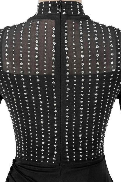 Beaded High-Neck Ruched Mesh Maxi Dress