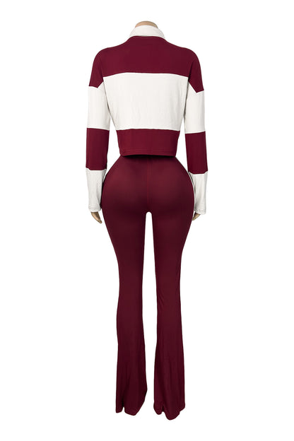 Colorblock Polo Top & Flare Pants Set
