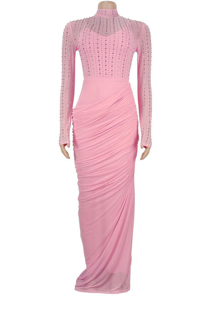 Beaded High-Neck Ruched Mesh Maxi Dress