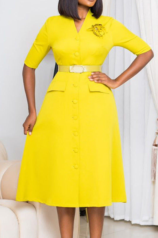 V-Neck Button Front Solid Color Midi Dress