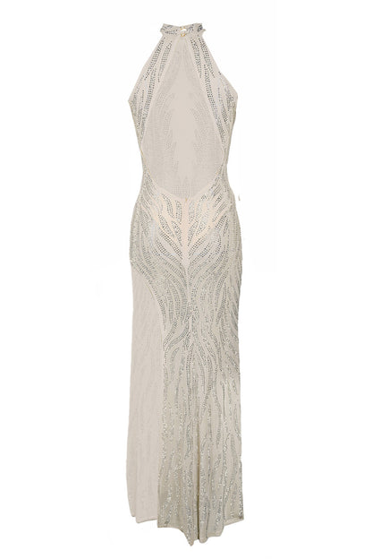 Sheer Silver Illusion Halter Maxi Gown