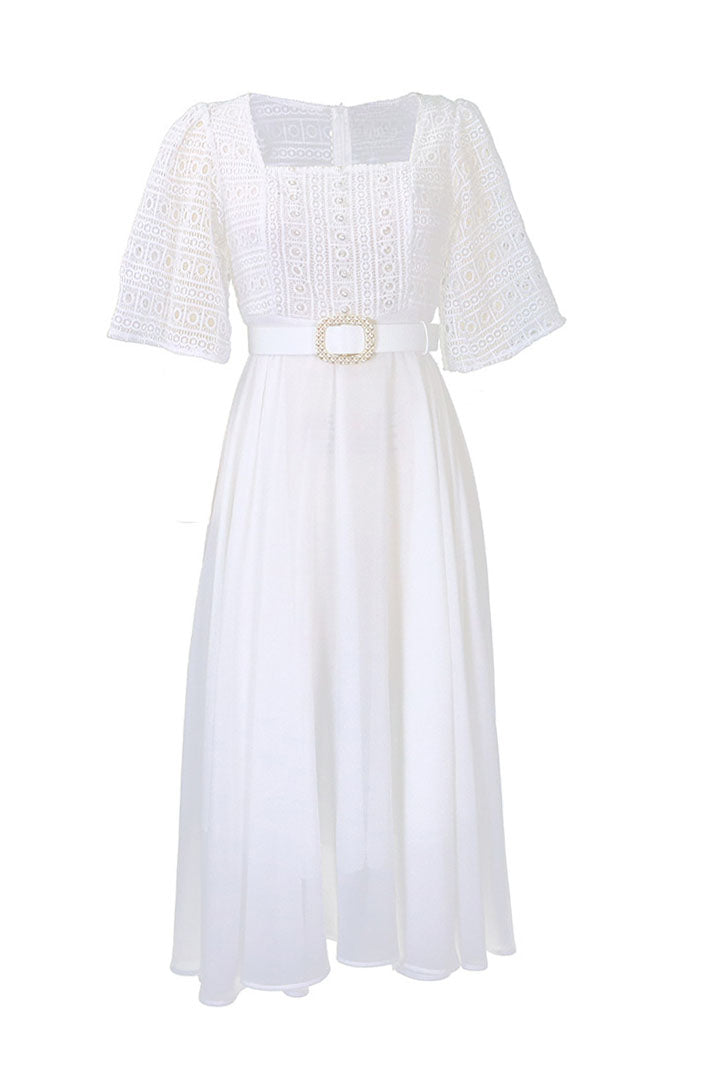Square Neckline Lace Sleeve Midi Party Dress