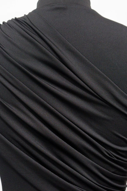 Mock Neck Ruched Mini Dress with Draped Train