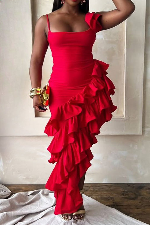 Solid Color Ruffle Hem Spaghetti Strap Dress