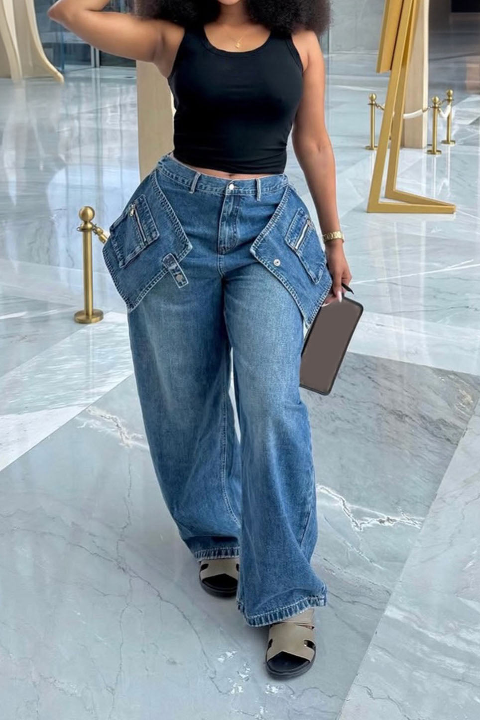 Deconstructed Wide Leg Denim Pants