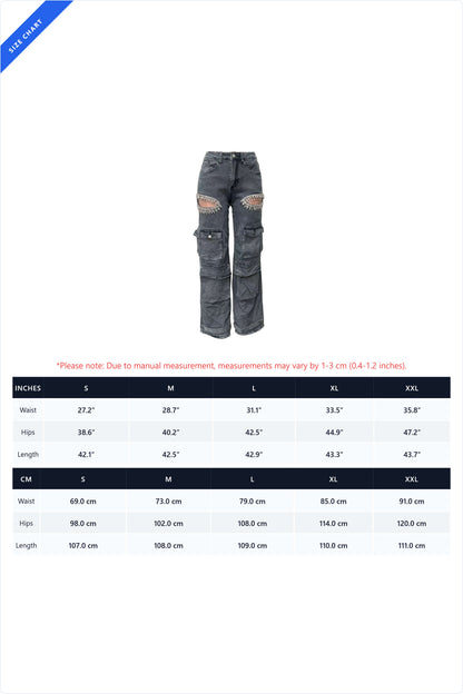 Rhinestone Cutout Wide Leg Cargo Pants