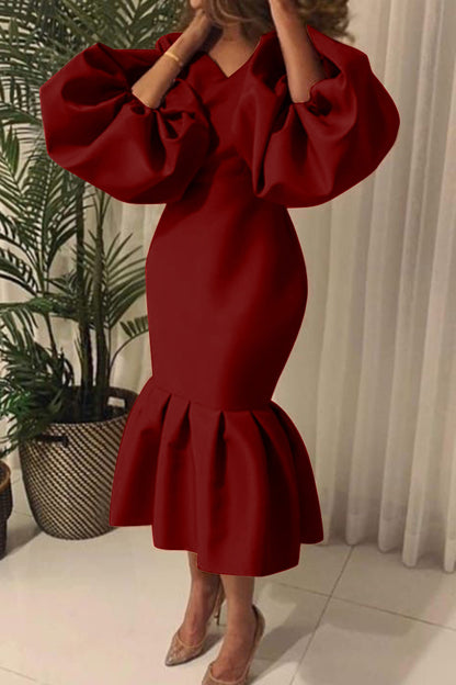Plus Size Solid Color Puff Sleeve Flounce Dress
