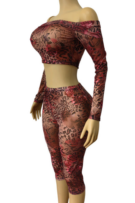 Off Shoulder Mesh Top and Capri Pants Set