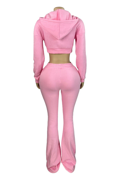 Fleece Hoodie Zip Jacket and Flare Pants Set