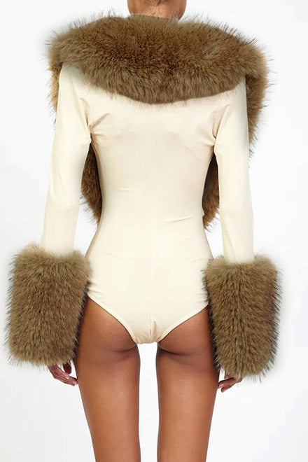 Plush-Trim Deep V Long-Sleeve Bodysuit