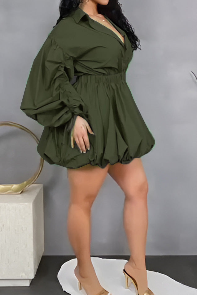 Ruched-Sleeve Button-Front Dress