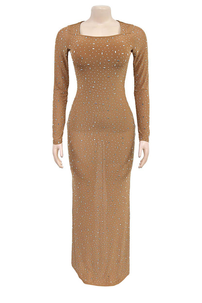 Crystal Embellished Square Neck Maxi Dress