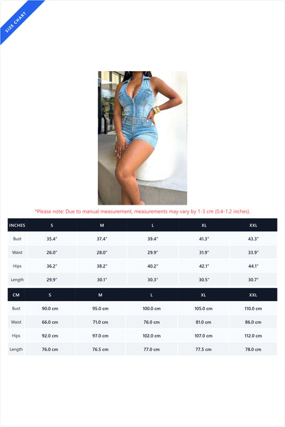 Halter Zip-Up Open Back Belted Denim Romper