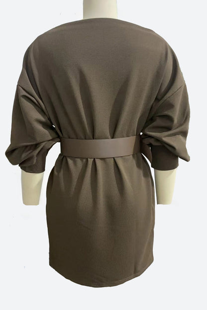 Lantern Sleeve Belted Knit Mini Dress