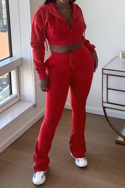 Fleece Hoodie Zip Jacket and Flare Pants Set