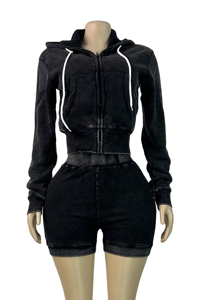 Mineral Wash Zip Hoodie & Shorts Set