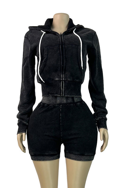 Mineral Wash Zip Hoodie & Shorts Set