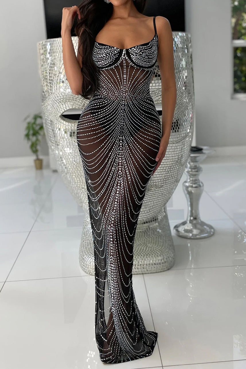 Sheer Rhinestone Bustier Maxi Dress