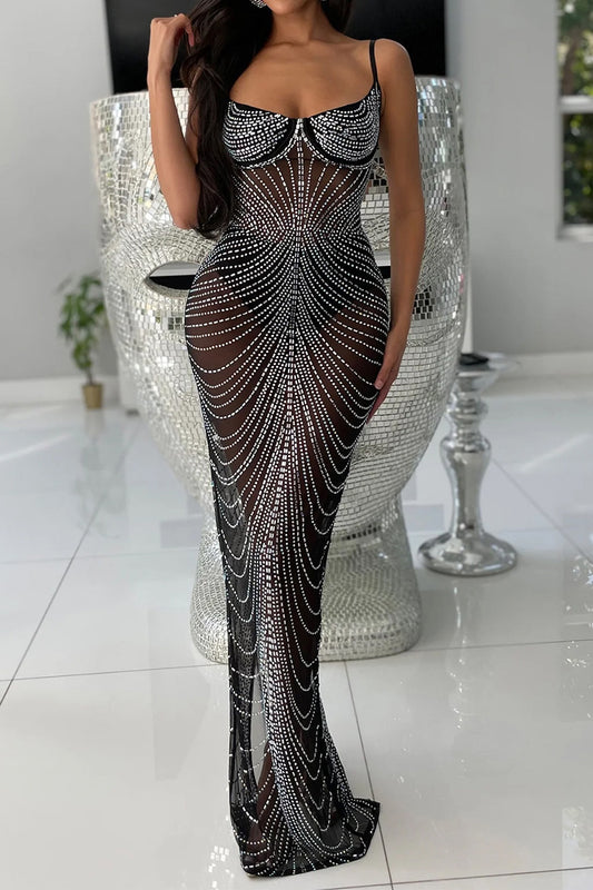 Sheer Rhinestone Bustier Maxi Dress