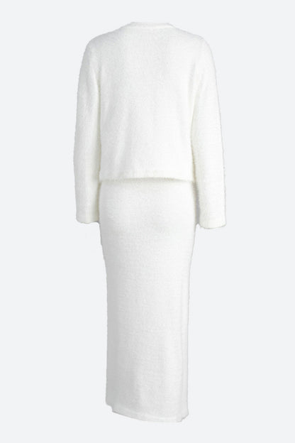 Fuzzy Long Sleeve Button Cardigan and Skirt Set