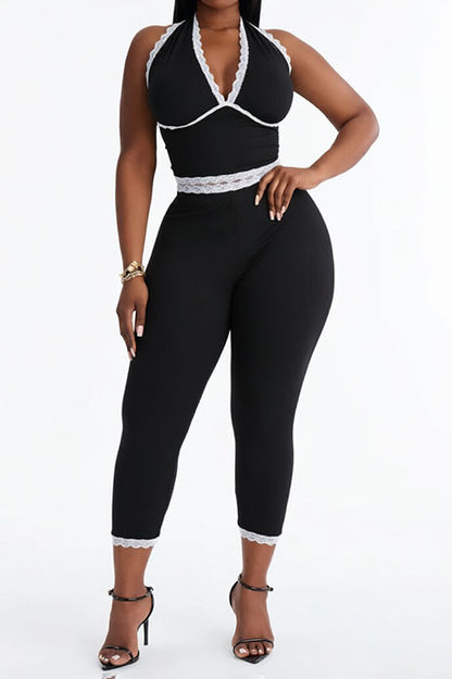 Lace Trim Ribbed Capri Set
