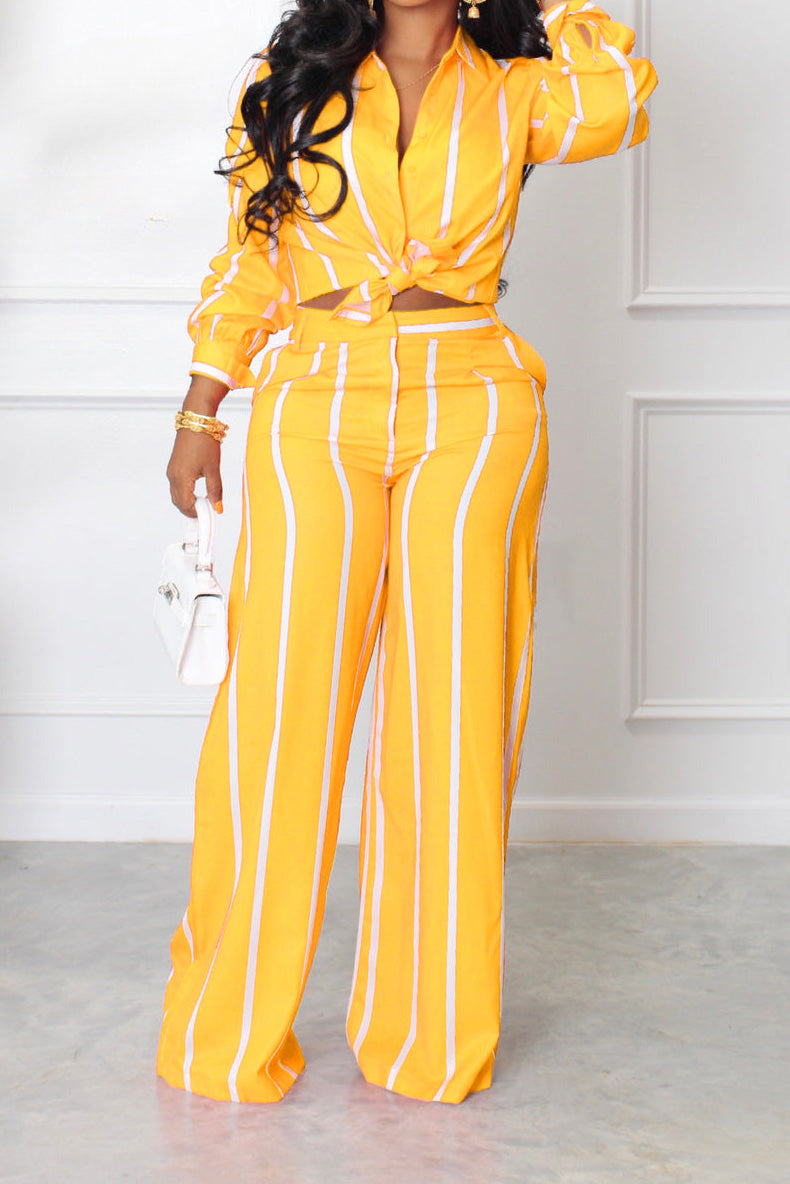 Long Sleeve Loose Printed Striped Shirt Set