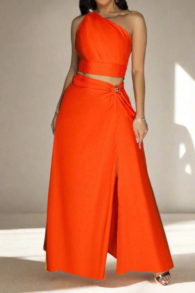 Slash Shoulder Slit Sleeveless 2 Piece Set