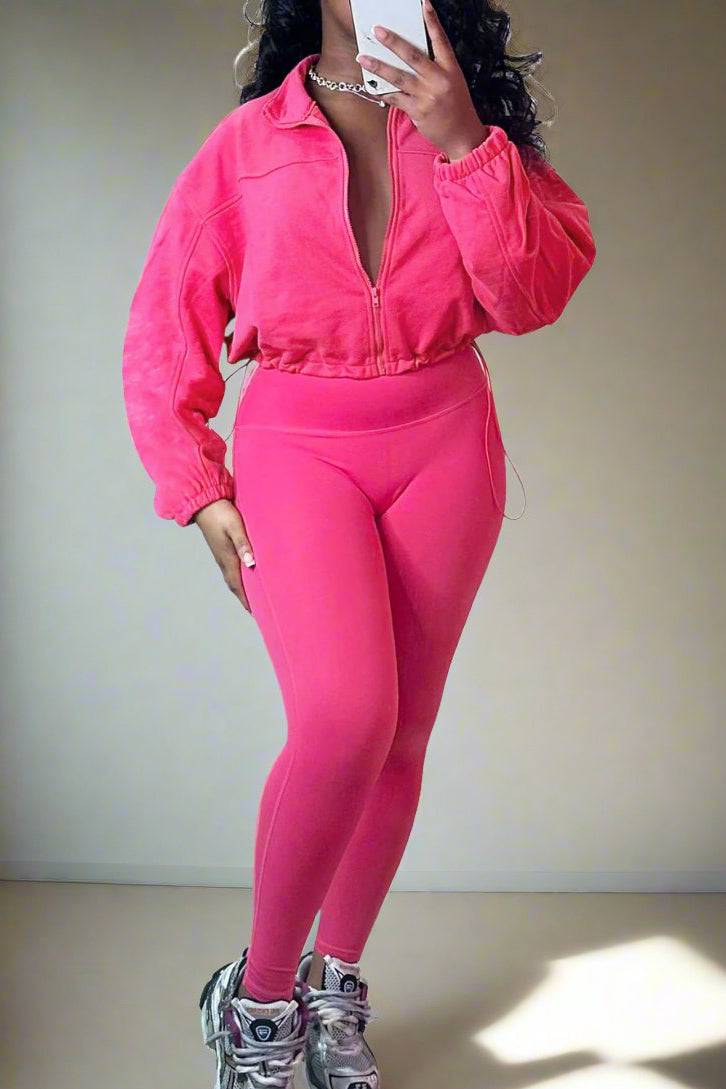 Zip Up Drawstring Pants Sets